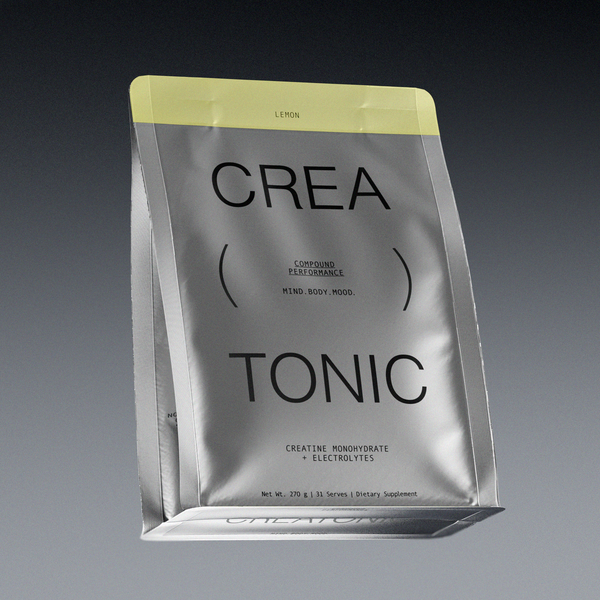 Silver package of Creatonic with black text on a gradient gray background