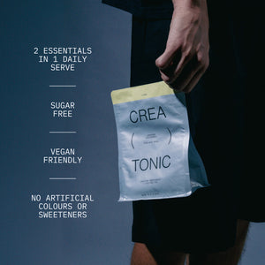 Hand holding a CREATONIC package with product features listed on a dark background